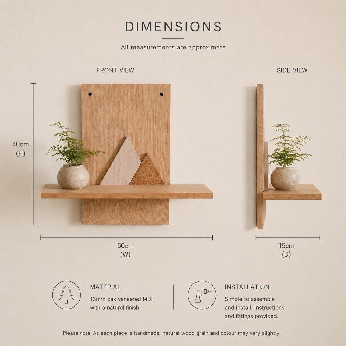 Handmade Oak Wall Shelf | Minimalist Mountain Shelf